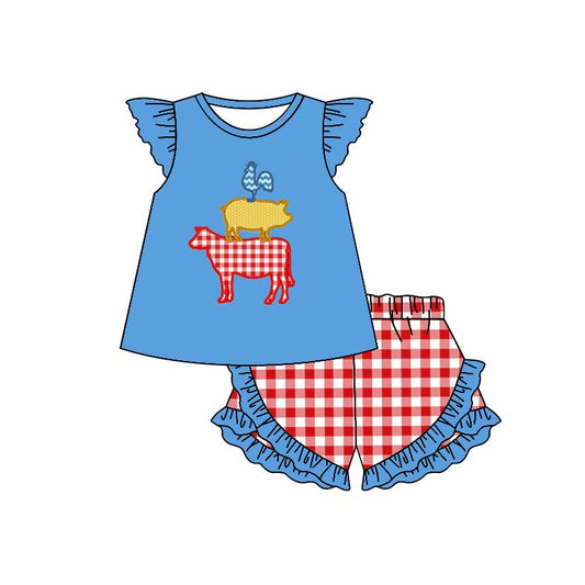 Moq 3 Pre-order GSSO0475 Baby Girl Farm Tops Plaid Ruffle Shorts Set