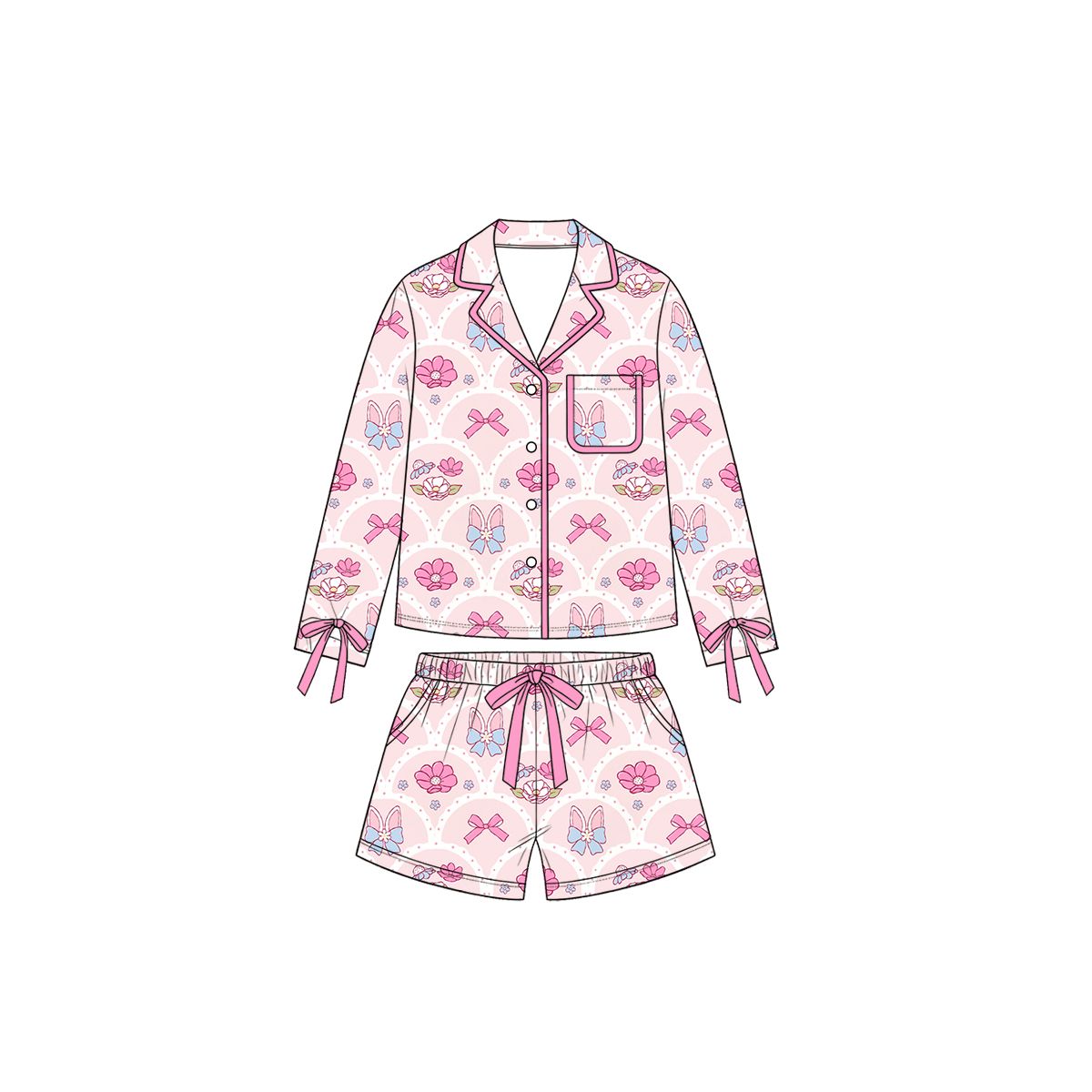 ( Moq 5 ) Preorder Baby Girls Kids Rabbits Bows Flower Buttons Shirt Pockets Shorts Set Easter Pajamas Clothes