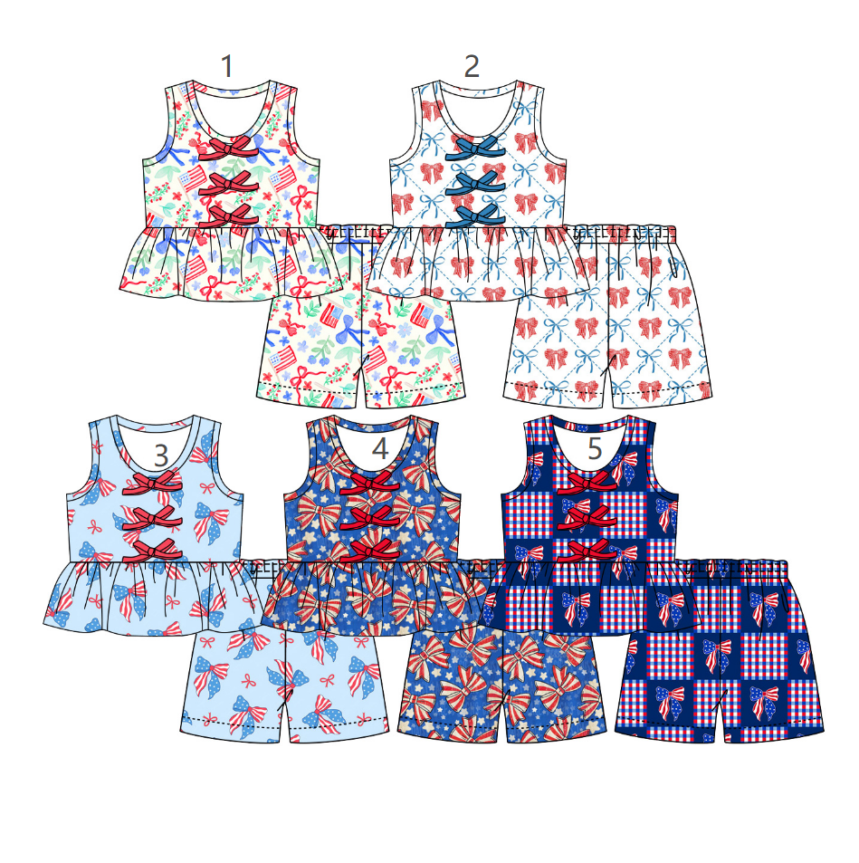 ( Moq 5 Each Style ) Sibling Baby Girls Kids Bows Flags Tops Shorts Sets 4th of July Clothes