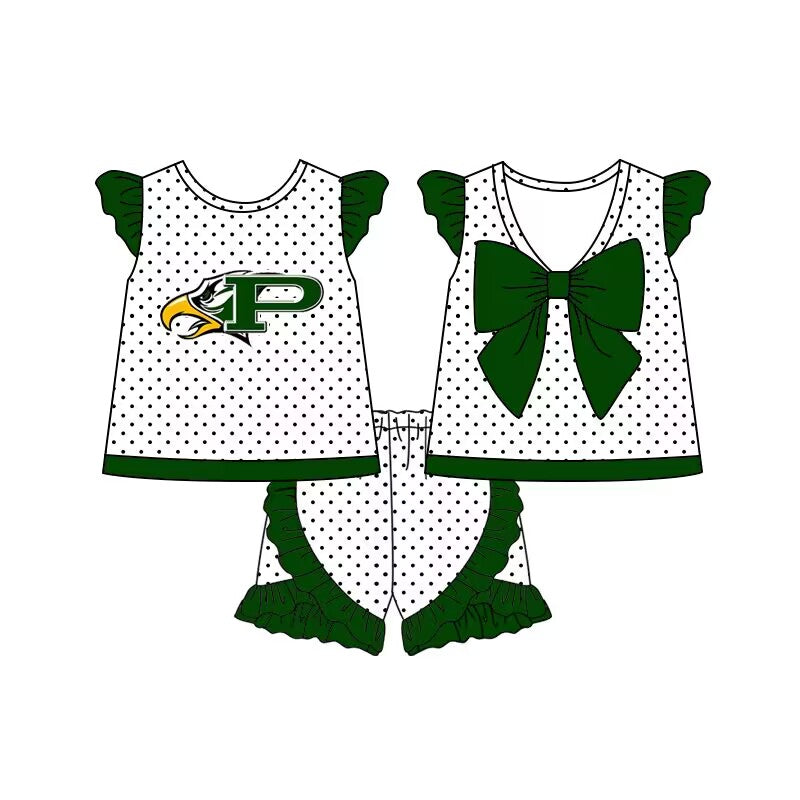 baby girl short sleeves bow tops green ruffle shorts team set