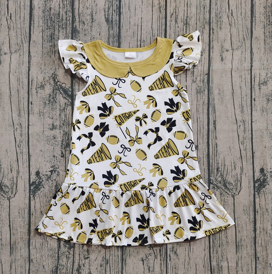 ( No moq ) Preorder Baby Girl Short Sleeves Gold Bows Cheer Knee Length Dress