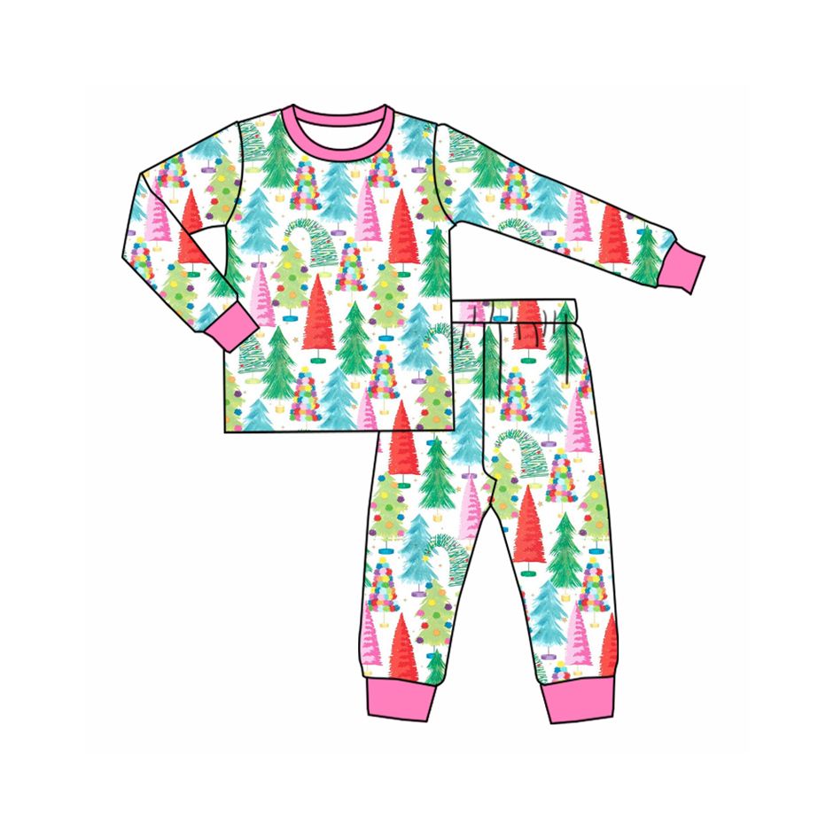 ( Moq 5 ) Preorder Baby Girls Kids Long Sleeves Christmas Tree Shirt Pants Set Pajamas Clothes