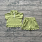 ( No moq ) Preorder Baby Girls Kids Green Short Sleeves Zipper Shirt Scallop Shorts Set
