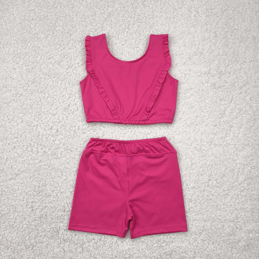 Baby Girl Sleeveless Pink Ruffle Tops Shorts Yoga Active Wear Set RTS