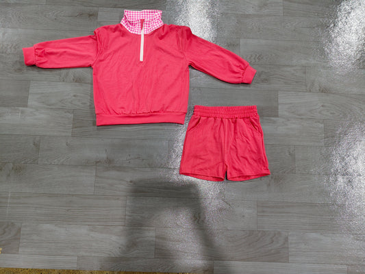 ( No moq ) Preorder Baby Girls Kids Long Sleeves Zipper Pullover Pockets Shorts Pink Set Cotton Clothes