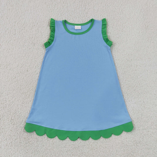 Baby Girls Kids Sleeveless Green Scallop Knee Length Dress Blue Clothes RTS