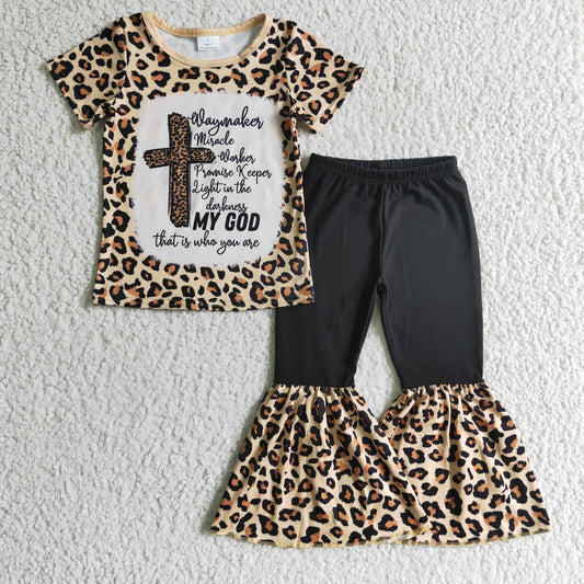 Promotion Baby Girl Cross Shirt Leopard Pants Easter Outfit RTS