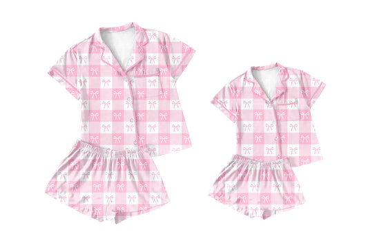 Baby Girl Toddler Women Adult Short Sleeves Bows Checkered Pink Shorts Sibling Family Shorts Pajamas Set Moq 5 Each Style