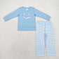 Baby Boy Halloween Embroidery Smile Blue Shirt Stripes Pants Set