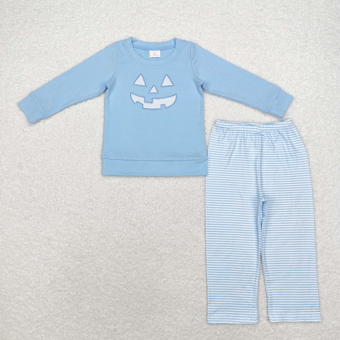 Baby Boy Halloween Embroidery Smile Blue Shirt Stripes Pants Set