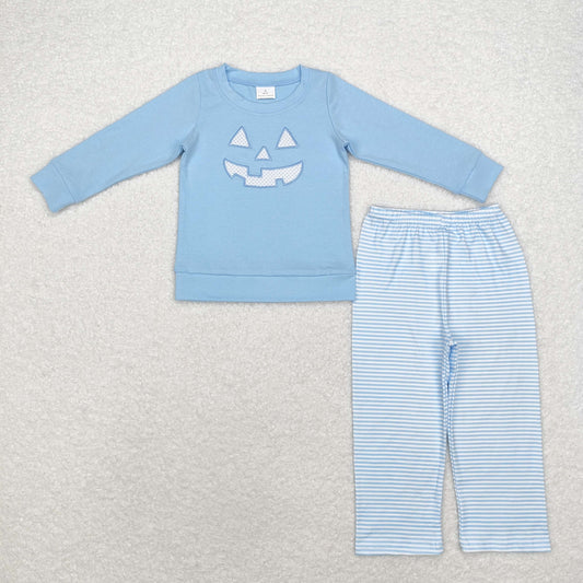 Baby Boy Halloween Embroidery Smile Blue Shirt Stripes Pants Set