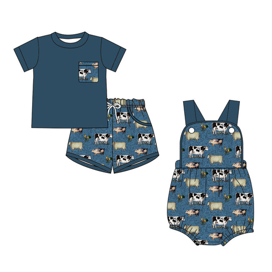 ( Moq 5 Each Style ) Sibling Baby Boys Kids Farm Cow Shirt Shorts Set Romper Clothes