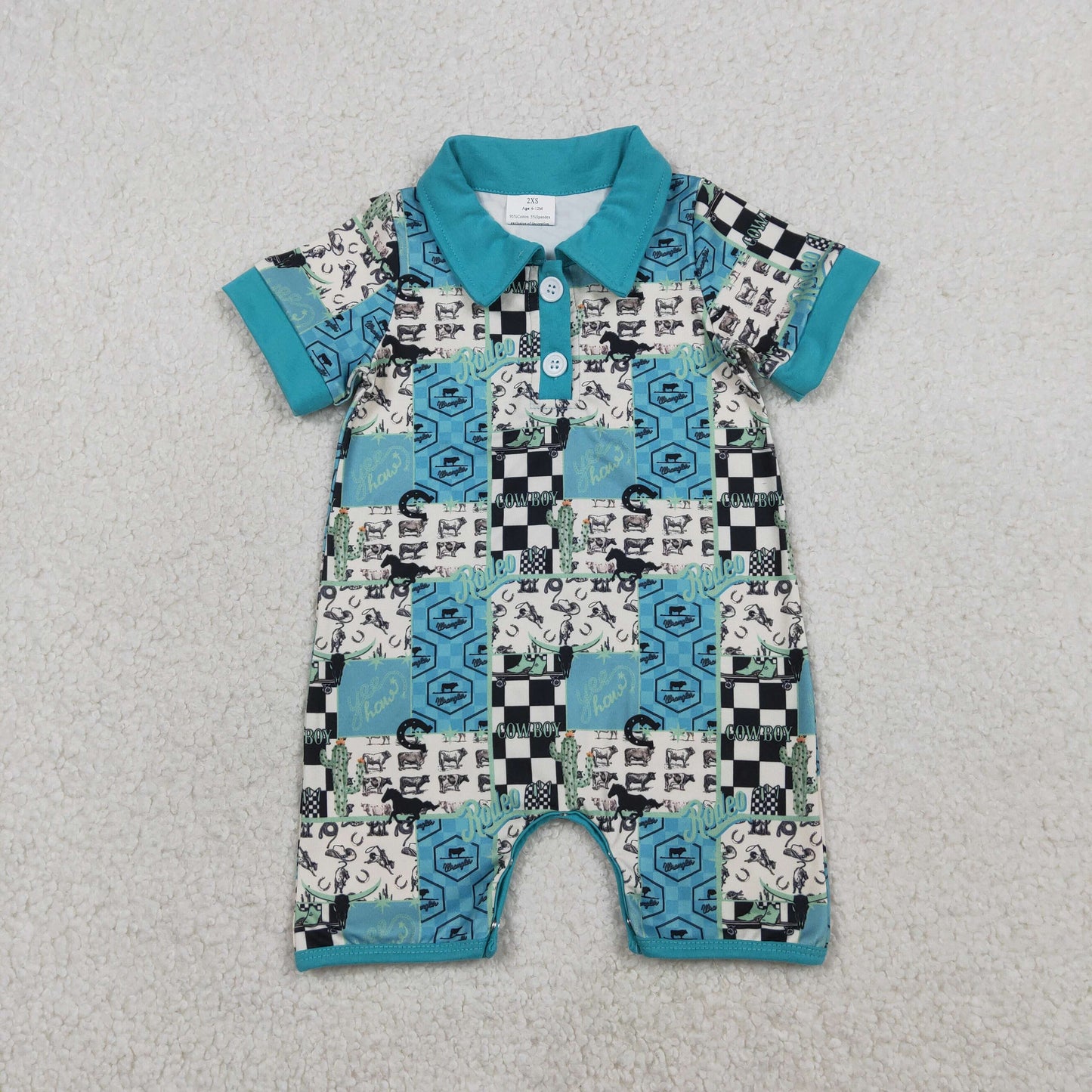 Baby Boys Short Sleeves Western Cow Cactus Buttons Blue Romper RTS
