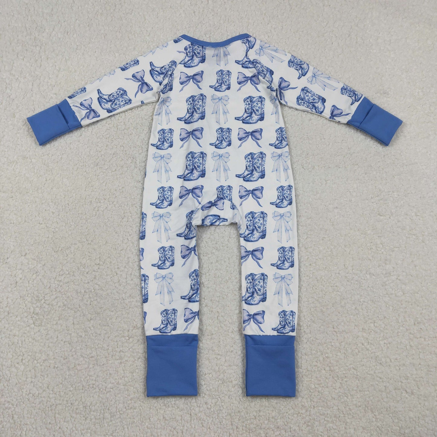 Baby Girl Long Sleeves Blue Bows Boots Western Zipper Pajamas Romper RTS