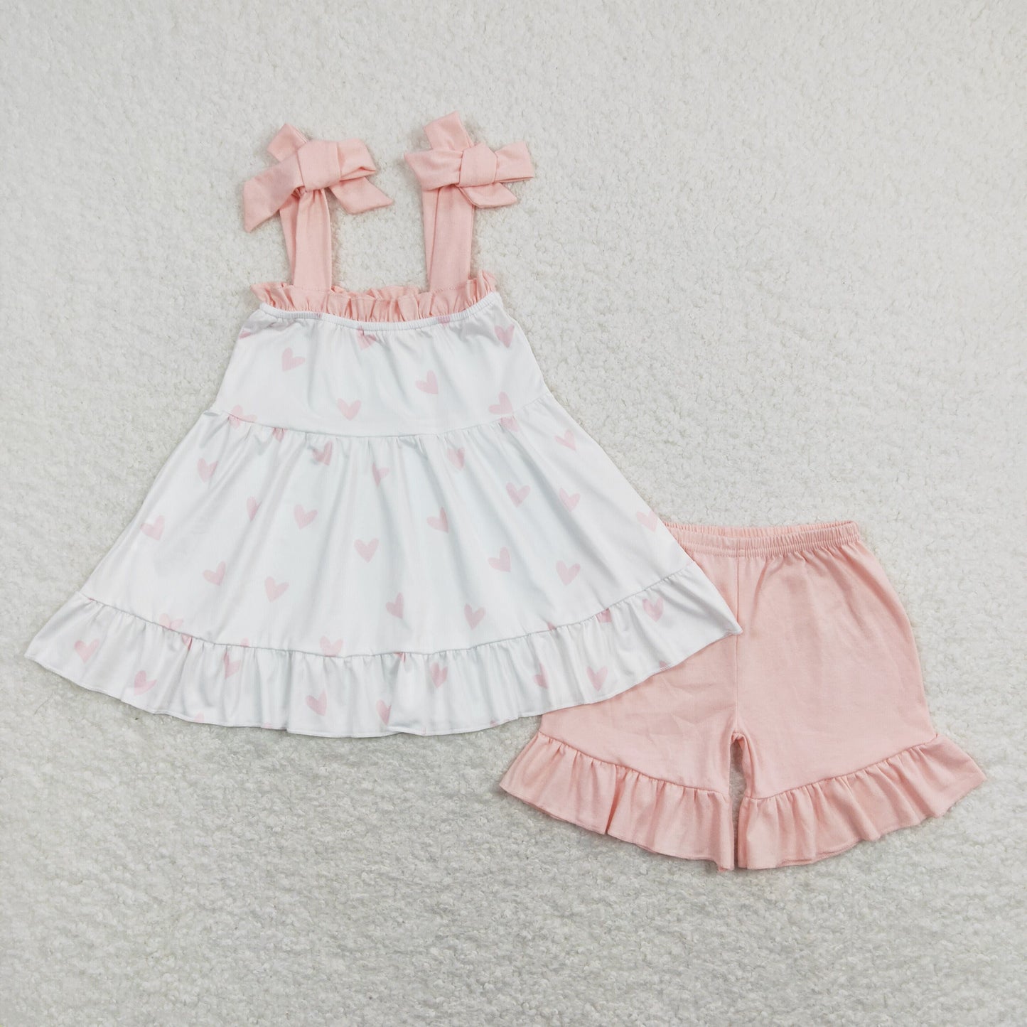 GSSO0447 Valentine's Day Baby Girl Sleeveless Hearts Tunic Ruffle Cotton Shorts Set