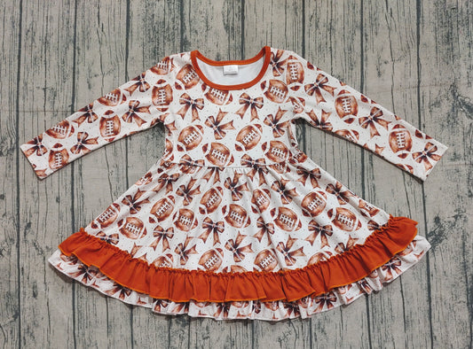 ( No moq ) Preorder Baby Girl Long Sleeves Football Bows Ruffle Knee Length Dress