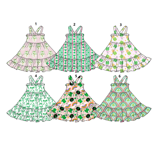 ( Moq 5 Each Style ) Sibling Baby Girls Straps Clovers St. Patrick's Day Knee Length Dresses