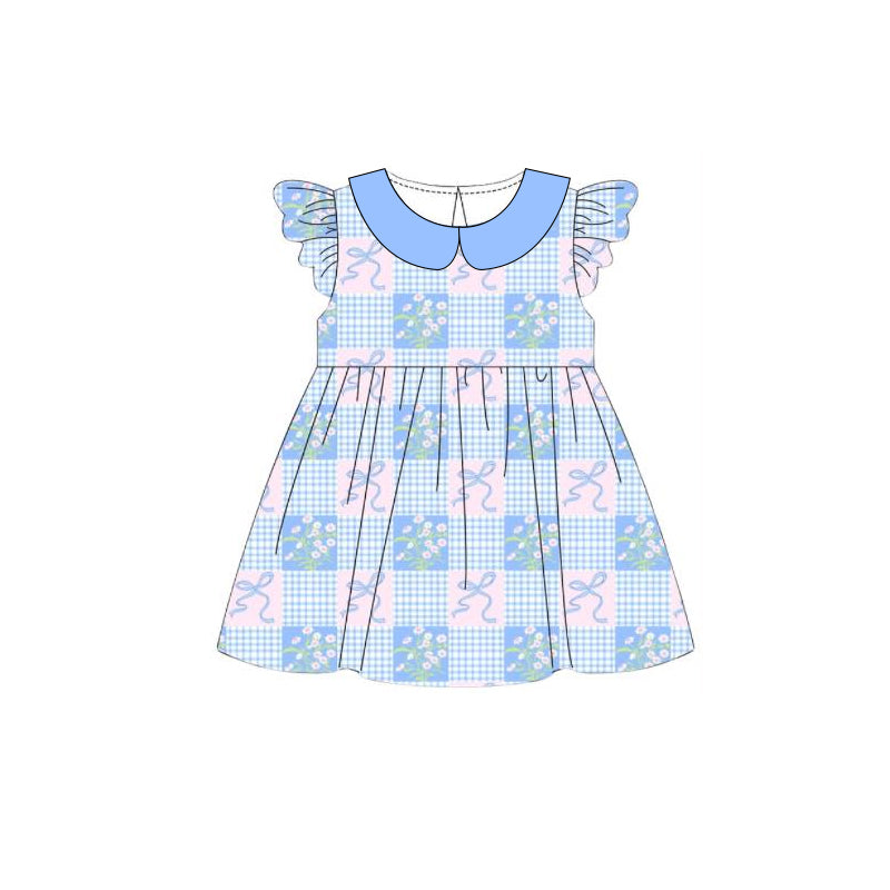 ( Moq 5 ) Preorder Baby Girls Kids Short Sleeves Bows Flower Plaid Knee Length Dress