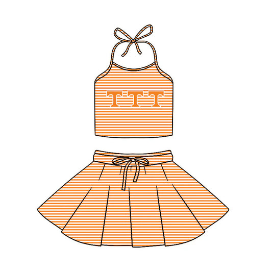 ( Moq 5 ) Baby Girls Kids Halter T Shirt Orange Stripes Shorts Skirt Team Clothes Set