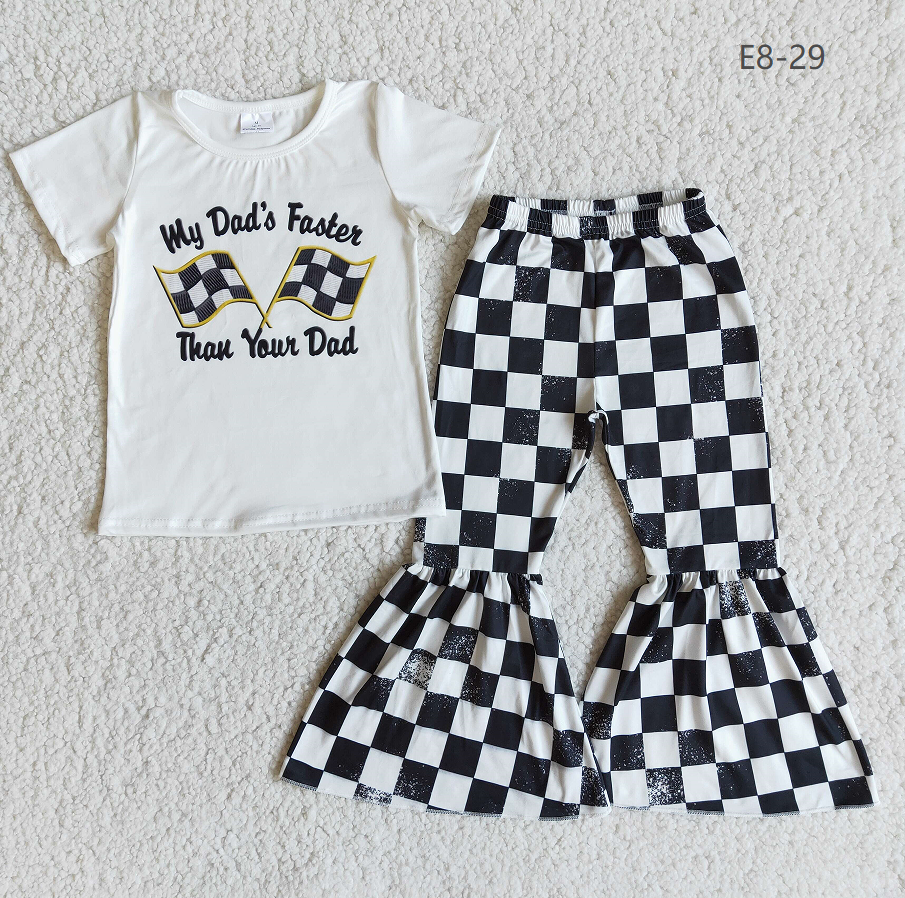 Promotion Baby Girl Dad Shirt Black Plaid Bell Pants Outfit RTS