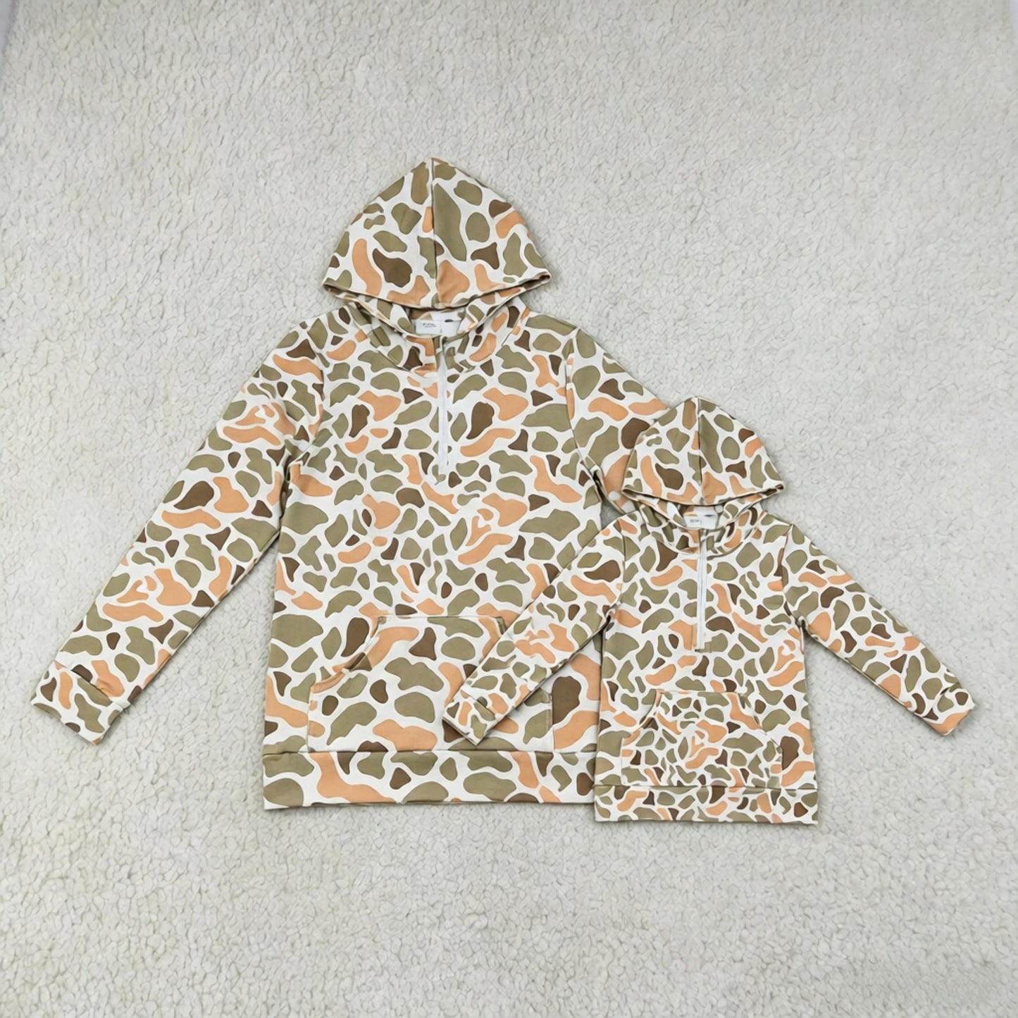 Sibling Baby Boys Adult Woman Green Orange Camo Zipper Hoodie Pockets Hunting Pullovers Shorts RTS