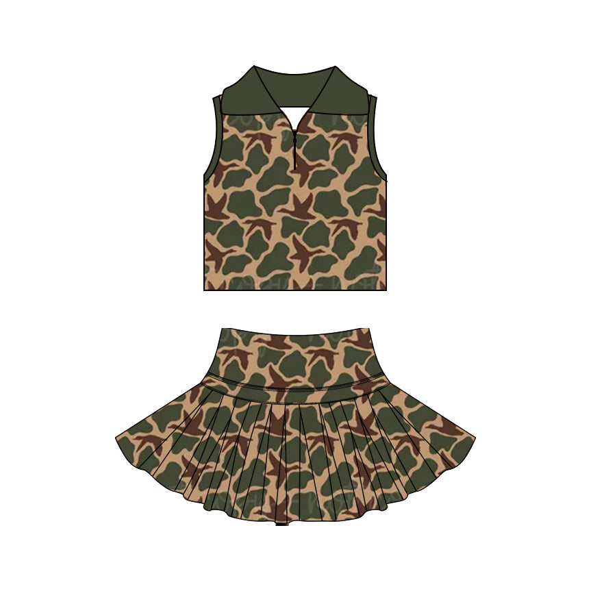 ( Moq 5 ) Preorder Baby Girls Kids Sleeveless Zipper Ducks Camo Tops Skirt Shorts Yoga Set