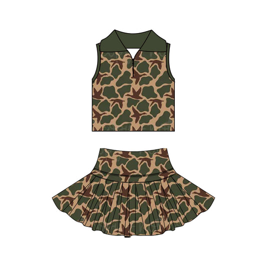 ( Moq 5 ) Preorder Baby Girls Kids Sleeveless Zipper Ducks Camo Tops Skirt Shorts Yoga Set