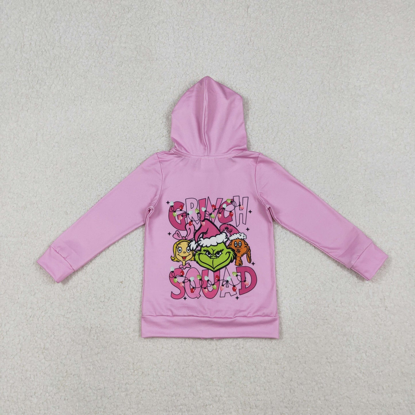 Baby Girl Pink Long Sleeves Green Face Christmas Hoodie Zipper Pockets Tops RTS