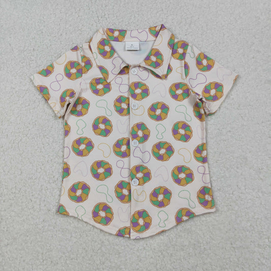 Baby Boys Kids Short Sleeves Mardi Gras donuts Buttons Shirt Tops RTS