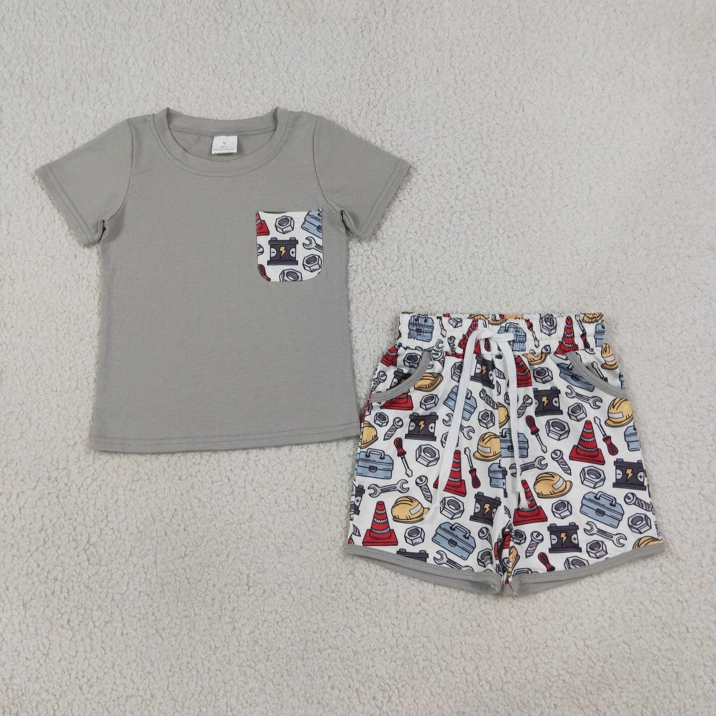 Baby Boys Kids Short Sleeves Grey Shirt Tools Pockets Shorts Set Clothes RTS