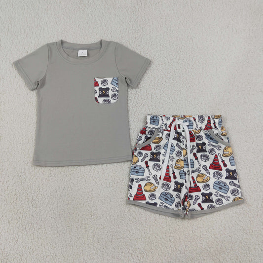 Baby Boys Kids Short Sleeves Grey Shirt Tools Pockets Shorts Set Clothes RTS