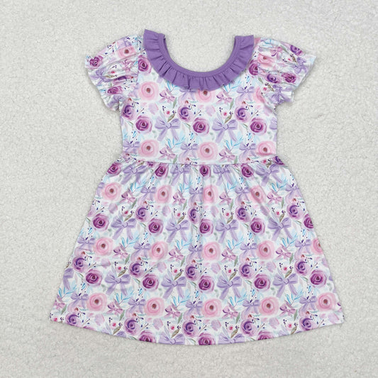 Baby Girl Purple  Flower Bows Knee Length Dress