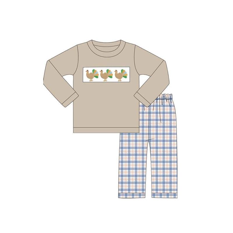( Moq 5 ) Preorder Baby Boys Kids Long Sleeves turkey Shirt Plaid Pants Set Thanksgiving Clothes