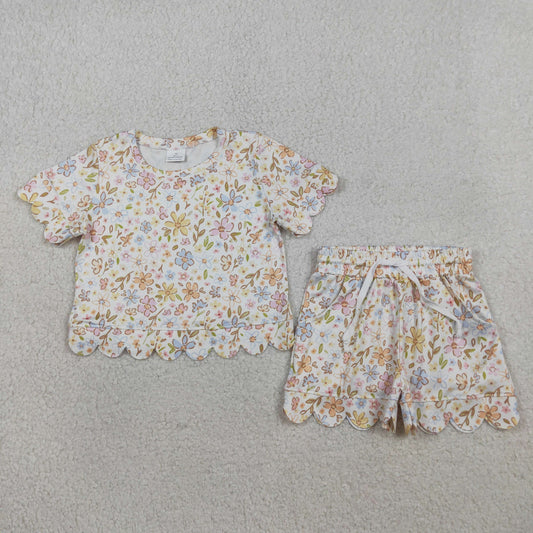 Baby Girls Toddler Short Sleeves Flower Shirt Scallop Shorts Yellow Set RTS