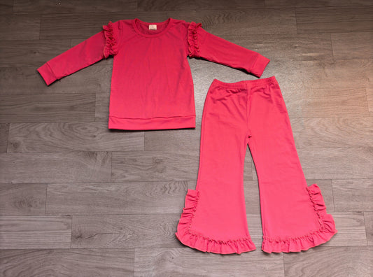 ( No moq ) Preorder Baby Girls Kids Long Sleeves Shirt Bows Ruffle Pants Cotton Set Hot Pink Clothes