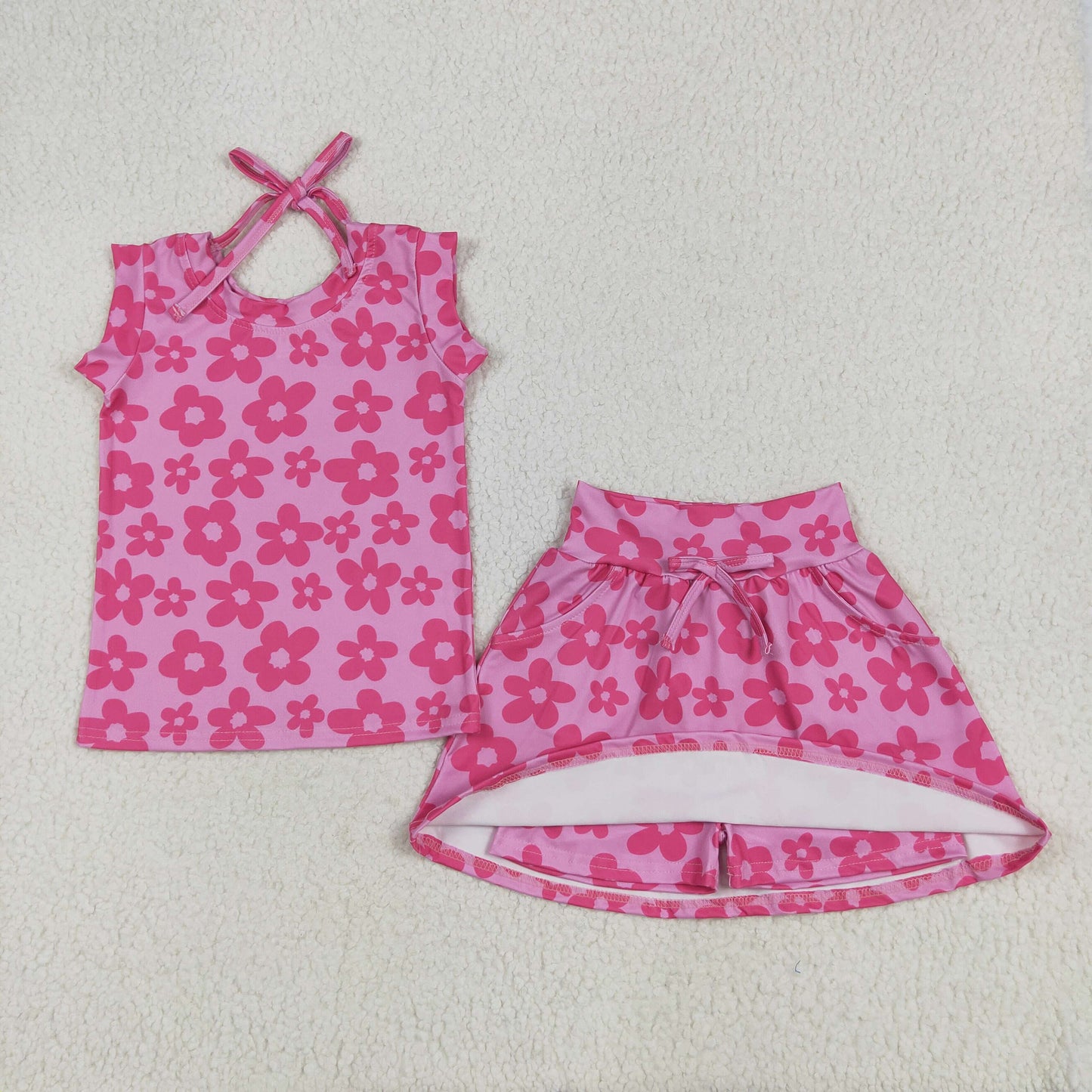 Baby Girl Sleeveless Pink Flower Tops Pockets Shorts Skirt Skort Set RTS