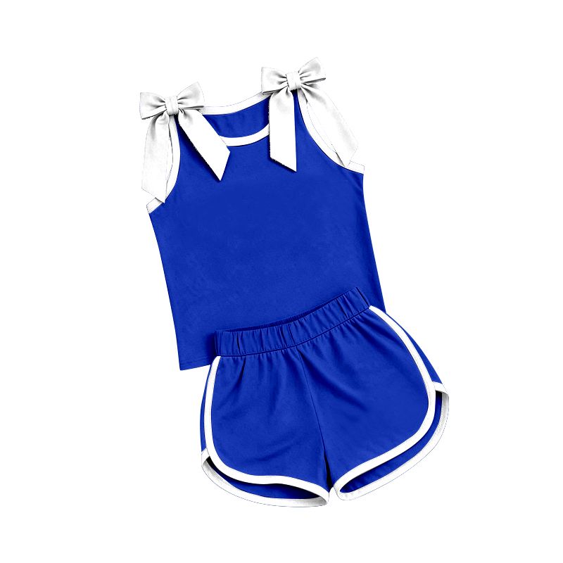 ( Moq 5 ) Preorder Baby Girls Kids White Bows Shirt Shorts Blue Set Summer Clothes