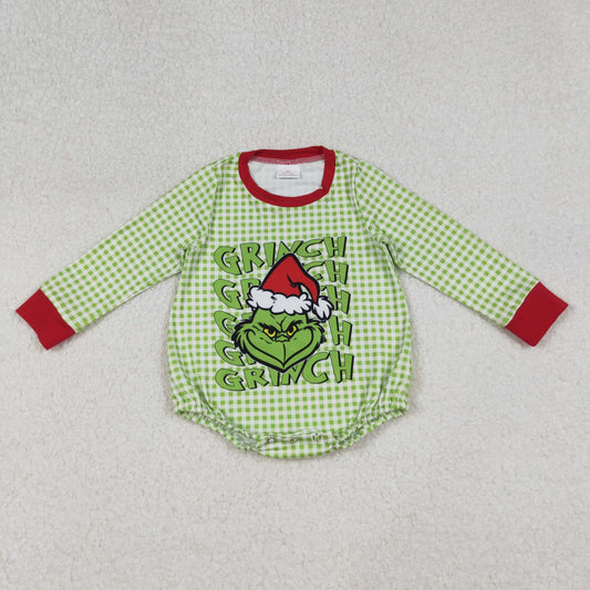 Baby Boy Long Sleeves Green Face Christmas Bubble Plaid Romper RTS