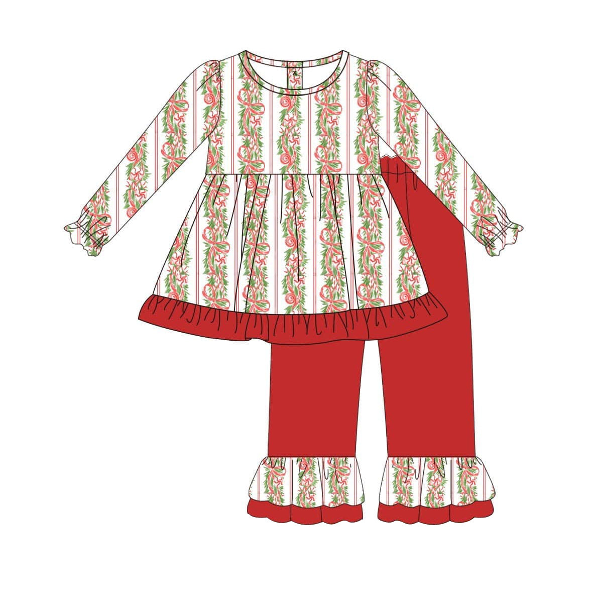 Pre-order Baby Girl Red Bows Tunic Ruffle Pants Christmas Set