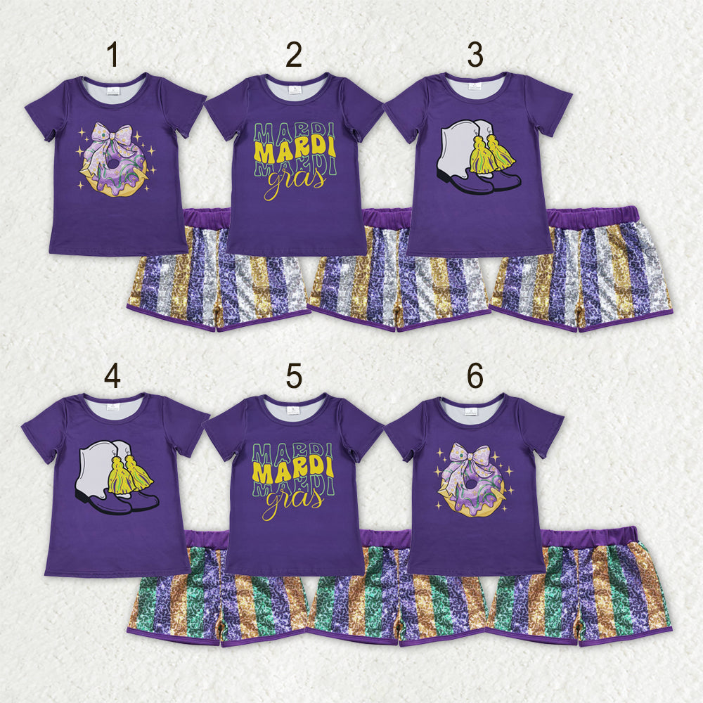 Sibling Baby Girls Kids Purple Short Sleeves Shirts Stripes Sequins Shorts Sets Mardi Gras Clothes RTS