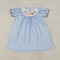 Baby Girl Short Sleeves Embroidery Farm Animals Blue Plaid Smocked Dress RTS