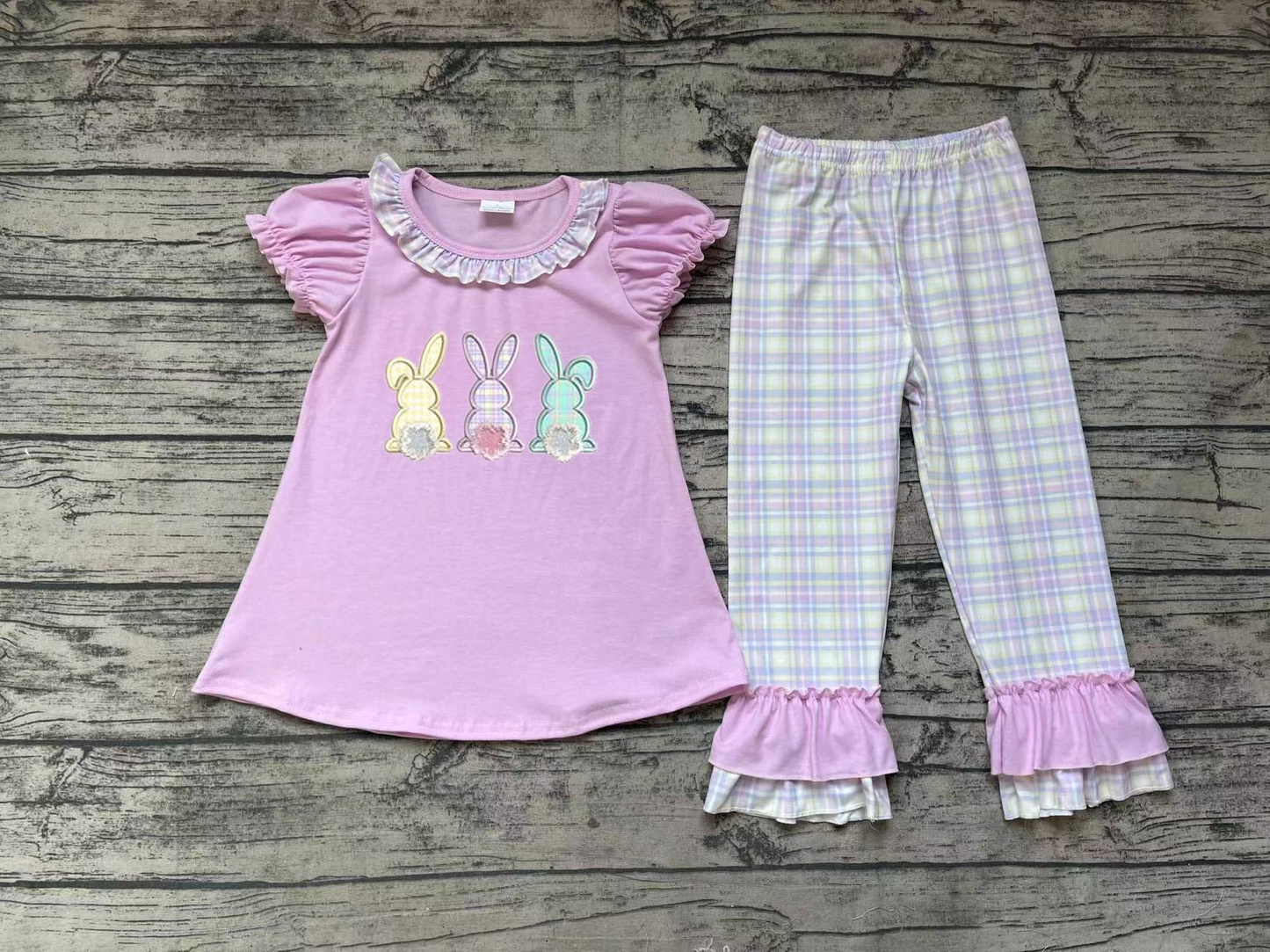 Pre-order Easter Baby Girl Short Sleeves Embroidery Rabbit Tops Plaid Ruffle Pants Set