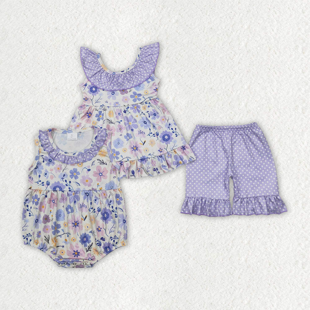 Baby Girl Sleeveless Purple Flower Sibling Ruffle Set Romper Clothes RTS