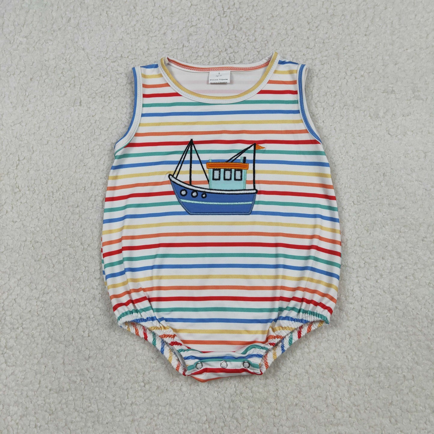 Baby Boys Sleeveless Embroidery Boat Colorful Stripes Bubble Romper RTS