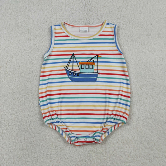Baby Boys Sleeveless Embroidery Boat Colorful Stripes Bubble Romper RTS