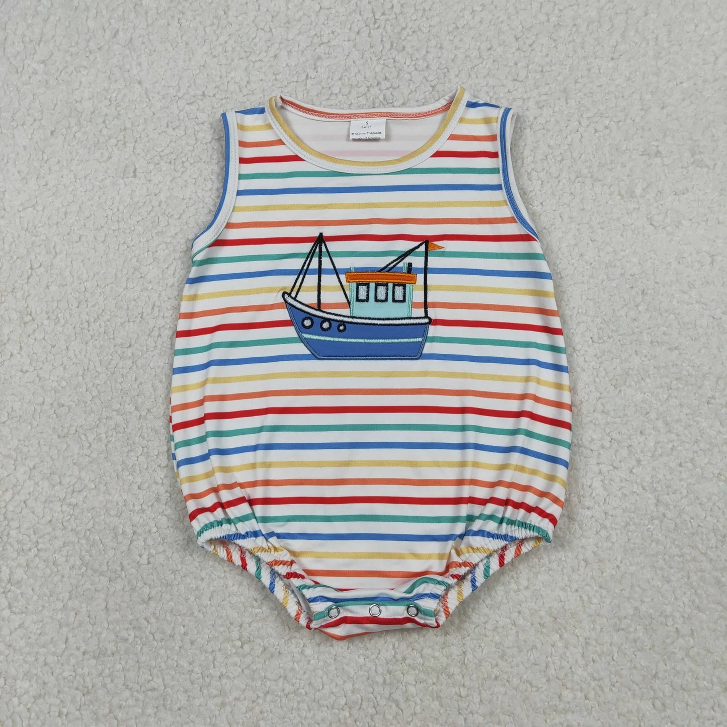 Sibling Baby Boys Kids Embroidery Boats Colorful Stripes Bubble Romper Set RTS