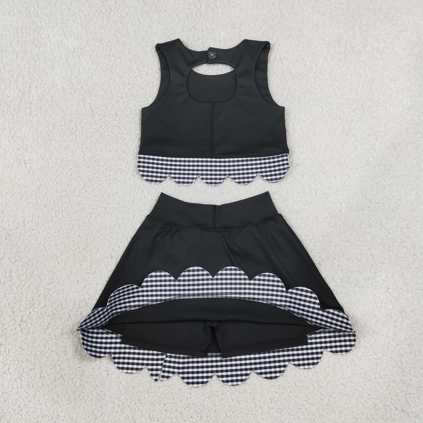 Baby Girls Kids Scallop Shirt Black Plaid Bows Skirt Shorts Set Yoga Active Clothes RTS
