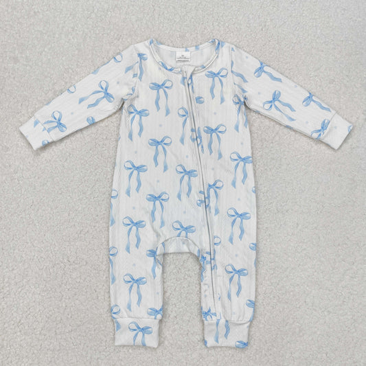 Baby Girl Infant Long Sleeves Blue Bows Zipper Romper