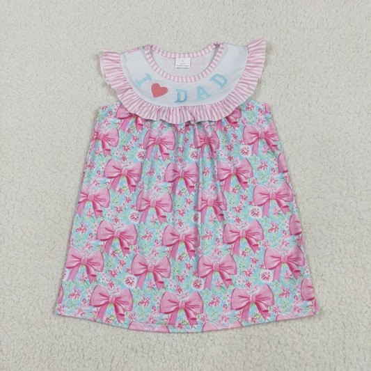 Baby Girl Short Sleeves Embroidery I Love Dad Flower Bows Knee Length Dress RTS
