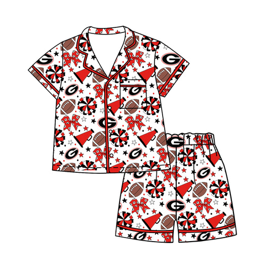 ( Moq 5 ) Baby Girls Kids Short Sleeves Red Bows Cheer Football Shirt Shorts Pajamas Set